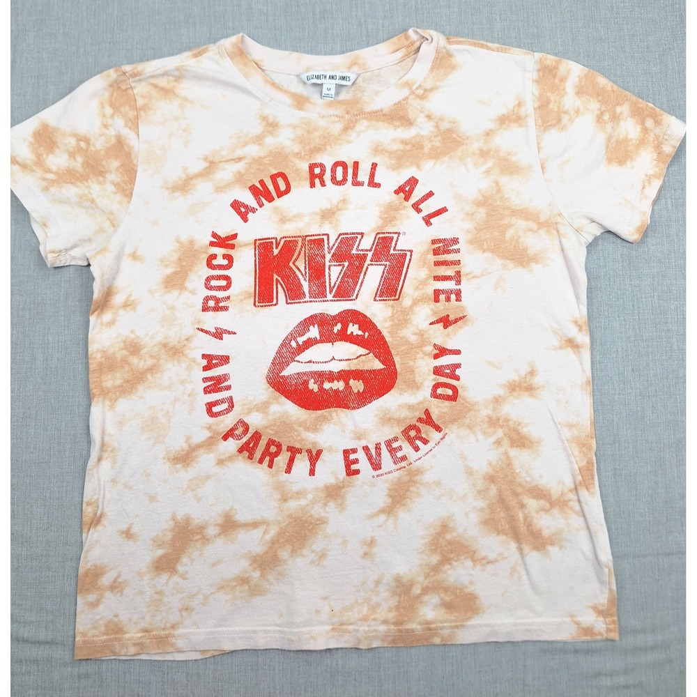 Elizabeth and James KISS Rock and Roll All Nite Tie Dye Graphic Tee Tan Medium
